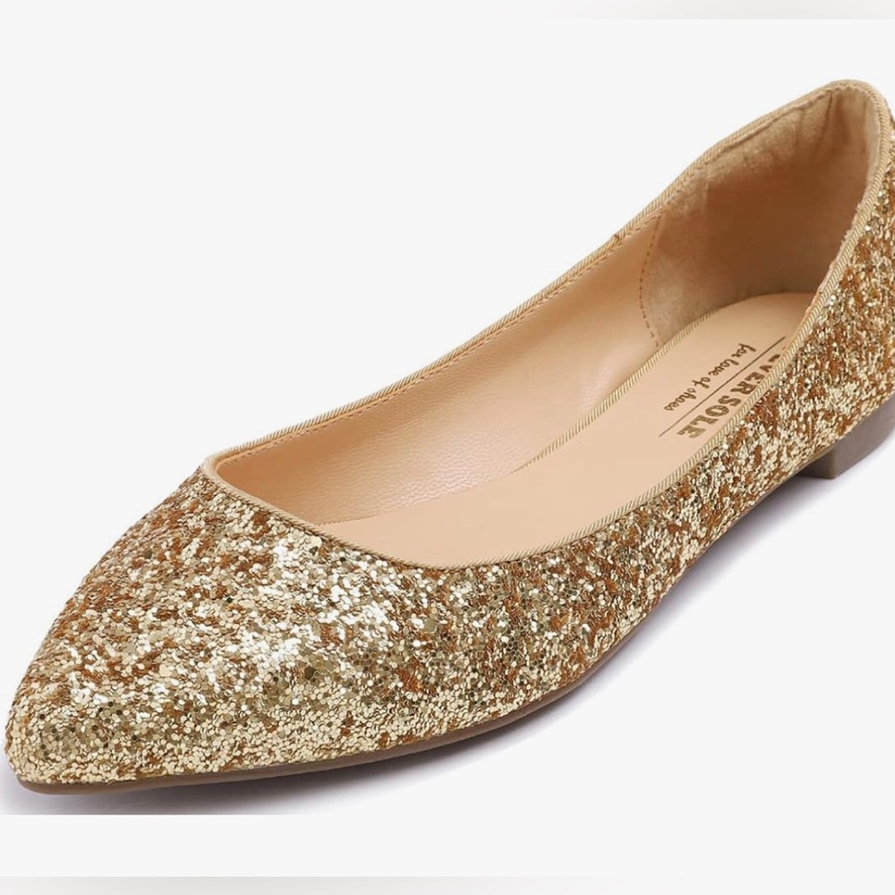 New In Box Gold Glitter Pointed Ballet Flats - Memory Foam